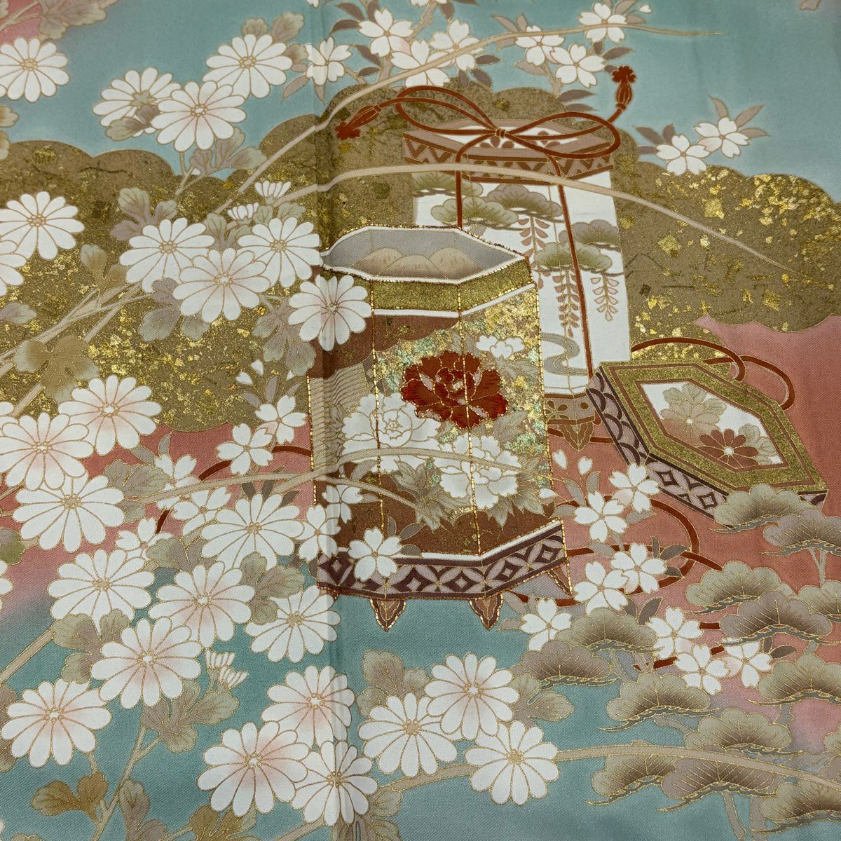 訪問服 身長167.5cm 袖長67cm M 雙層 貝桶 草花紋紋 金絲 金銀彩 鮭粉色 純蠶絲 秀品級