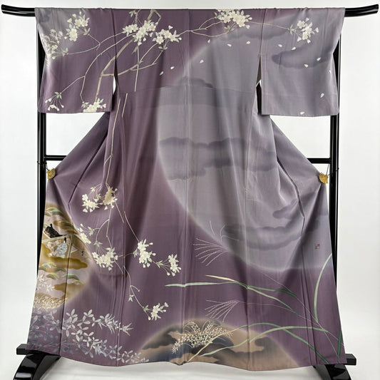 訪問服 身長161cm 袖長68cm L 雙層 落款 人物 松樹 金銀彩 漸層 紫 純蠶絲 優品級
