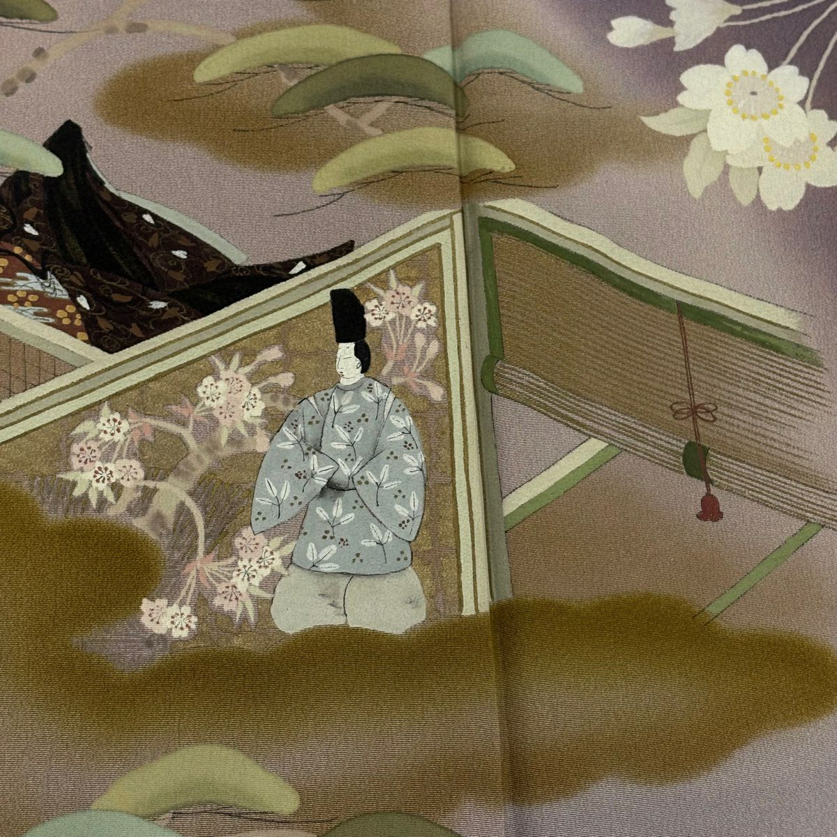 訪問服 身長161cm 袖長68cm L 雙層 落款 人物 松樹 金銀彩 漸層 紫 純蠶絲 優品級