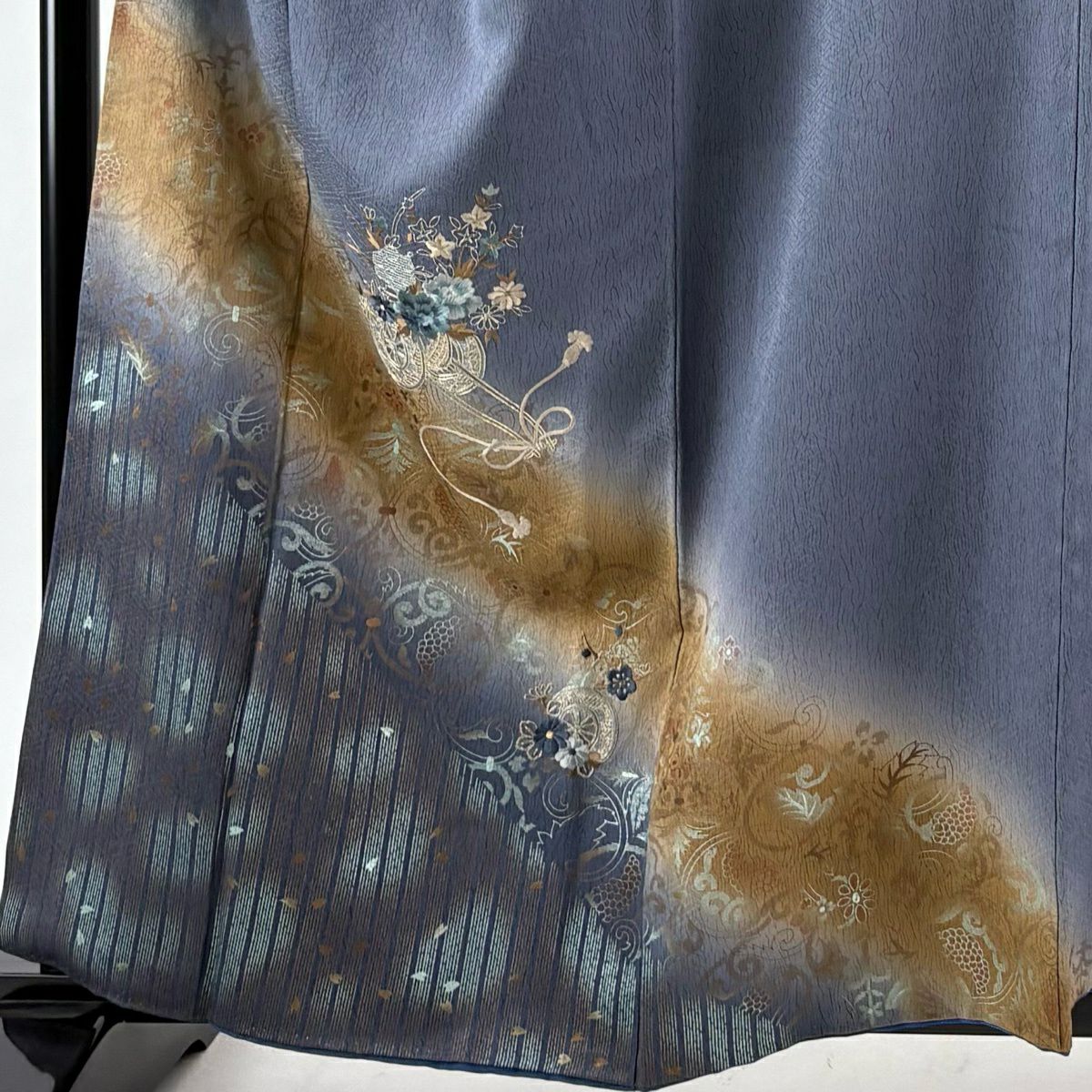 付下 身長158cm 袖長66.5cm M 雙層 花車 葡萄唐草紋 刺繡 金糸 青灰 純蠶絲 秀品級