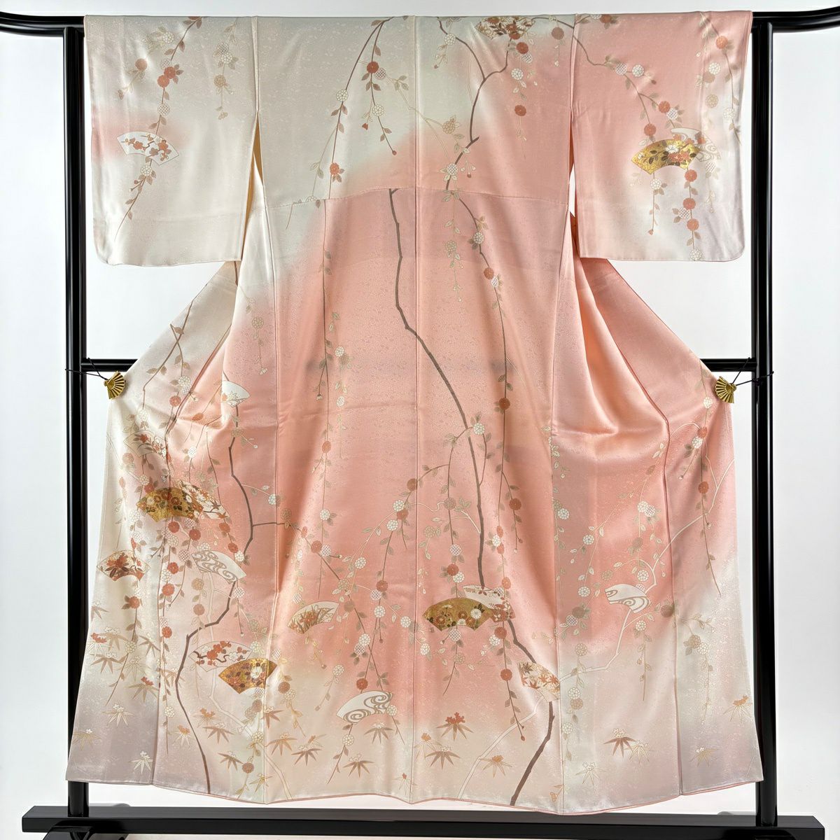 訪問服 身長152.5cm 袖長63cm S 雙層 扇子面 草花紋紋 金彩裝飾 漸層 粉紅 純蠶絲 秀品級