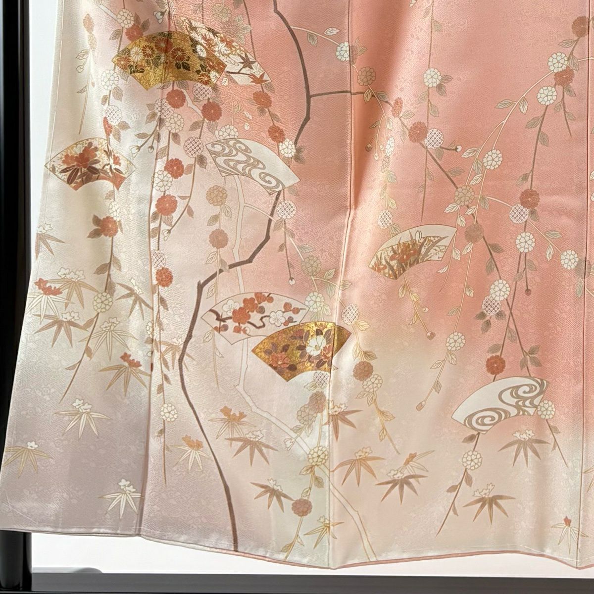 訪問服 身長152.5cm 袖長63cm S 雙層 扇子面 草花紋紋 金彩裝飾 漸層 粉紅 純蠶絲 秀品級