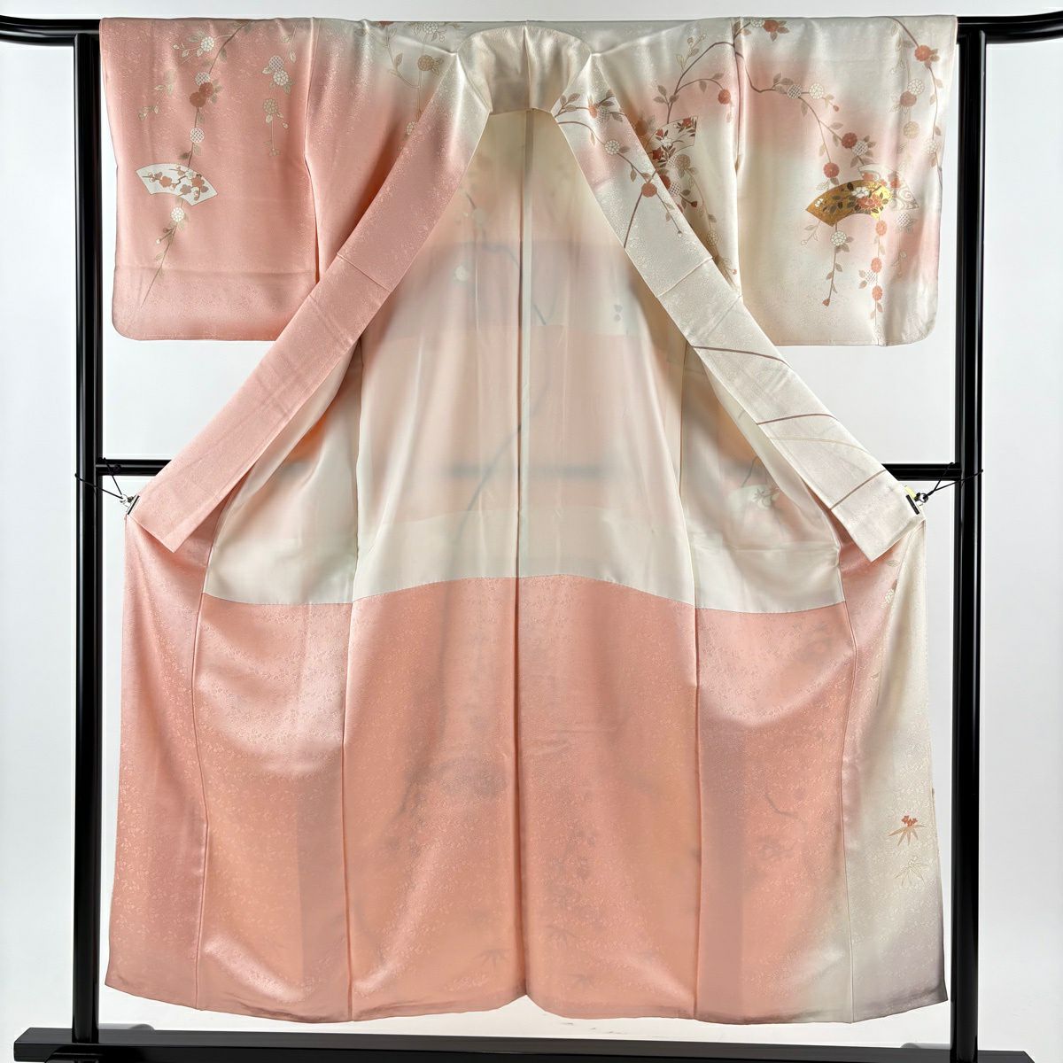 訪問服 身長152.5cm 袖長63cm S 雙層 扇子面 草花紋紋 金彩裝飾 漸層 粉紅 純蠶絲 秀品級