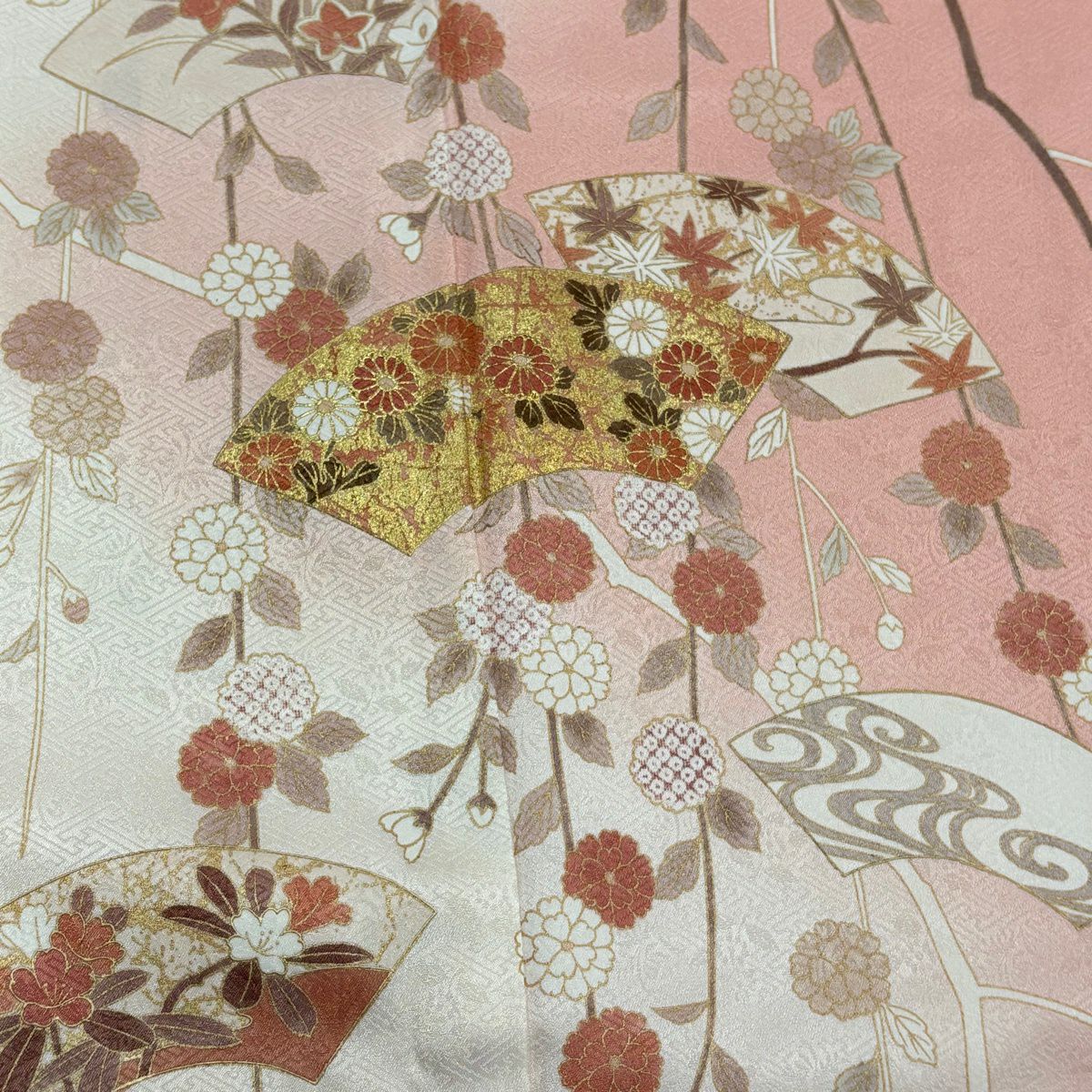 訪問服 身長152.5cm 袖長63cm S 雙層 扇子面 草花紋紋 金彩裝飾 漸層 粉紅 純蠶絲 秀品級