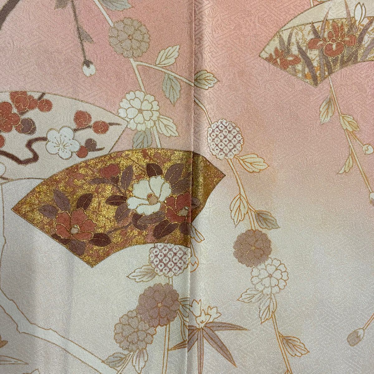 訪問服 身長152.5cm 袖長63cm S 雙層 扇子面 草花紋紋 金彩裝飾 漸層 粉紅 純蠶絲 秀品級