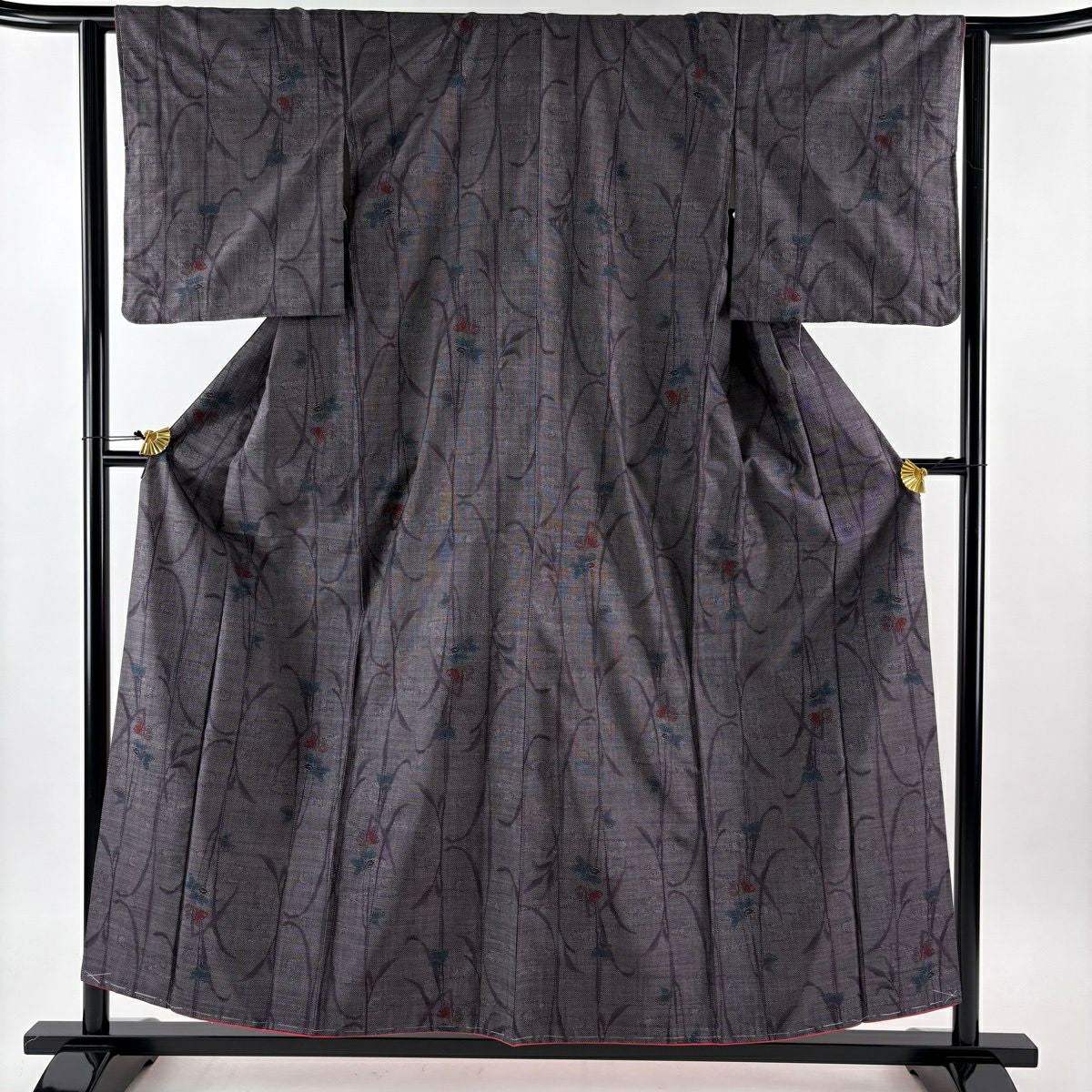 【美品】 大島紬織 身長156cm 袖長62cm S 雙層 證書附帶 草花紋紋 紫 純蠶絲 優品級