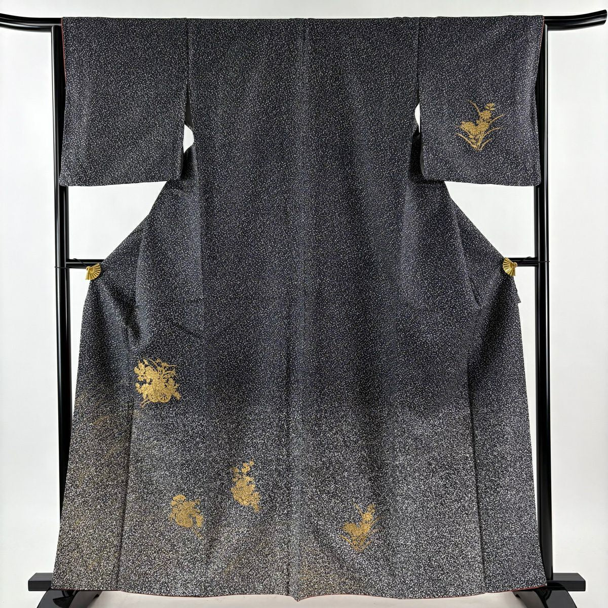【美品】 付下 身長161cm 袖長64cm M 雙層 花車 草花紋紋 金彩裝飾 黑灰 純蠶絲 優品級