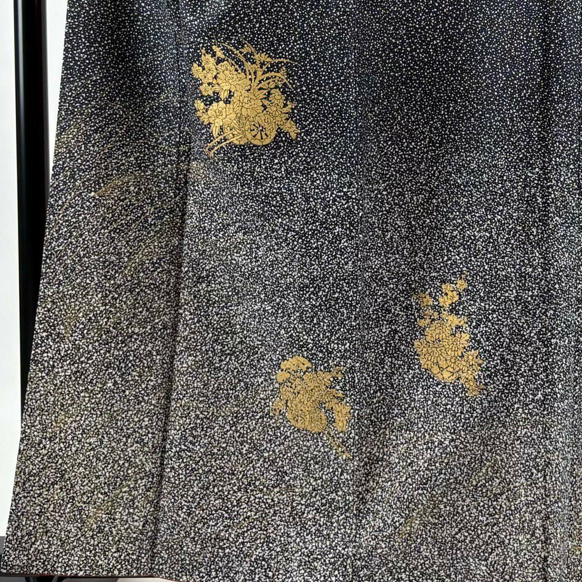 【美品】 付下 身長161cm 袖長64cm M 雙層 花車 草花紋紋 金彩裝飾 黑灰 純蠶絲 優品級