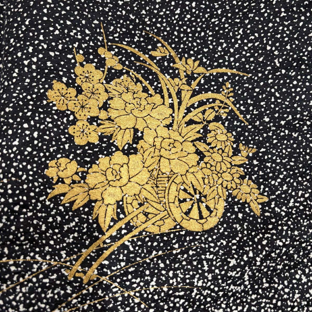 【美品】 付下 身長161cm 袖長64cm M 雙層 花車 草花紋紋 金彩裝飾 黑灰 純蠶絲 優品級
