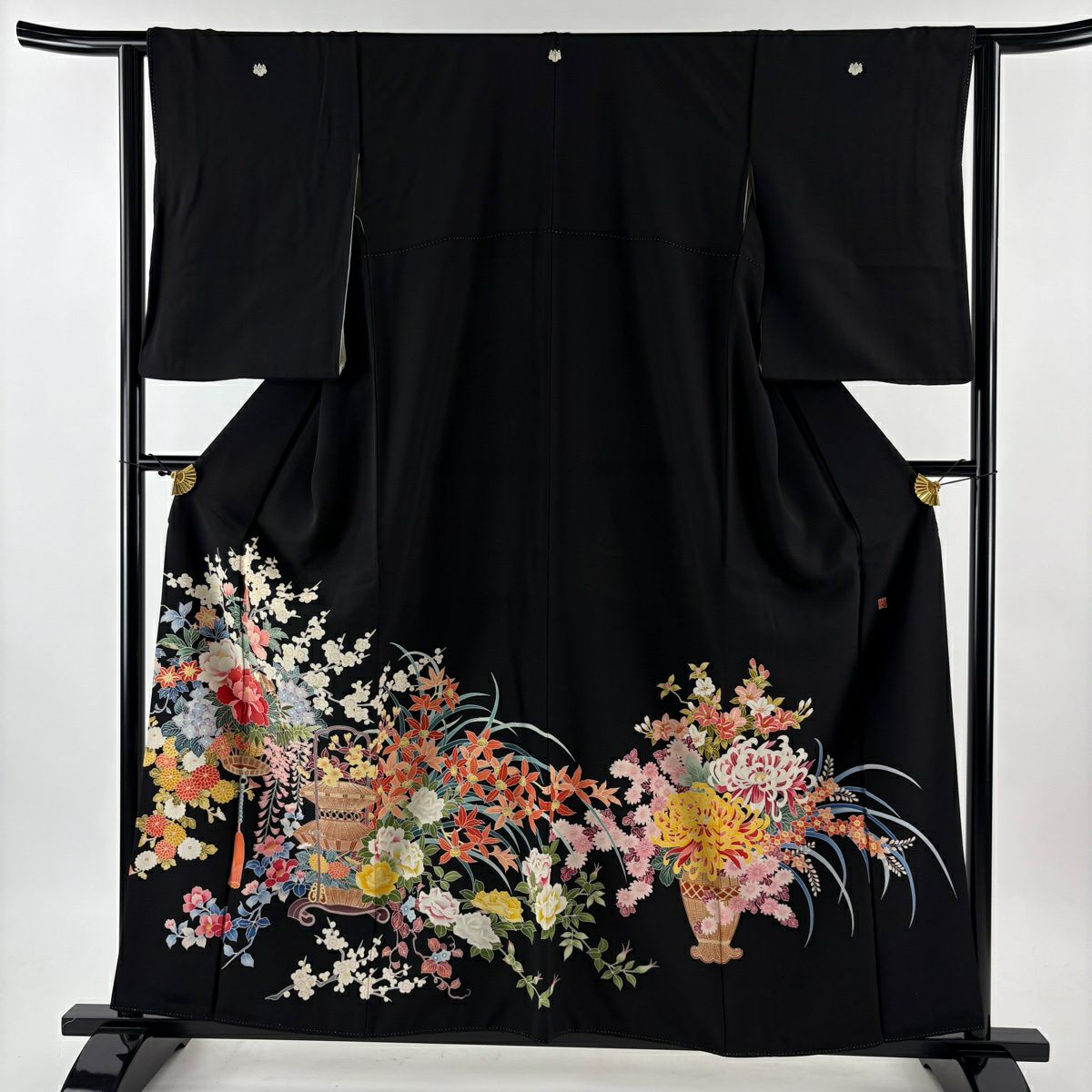 黑留袖禮服 身長159cm 袖長62cm S 雙層 落款 花籠 枝梅花 黑 純蠶絲 優品級