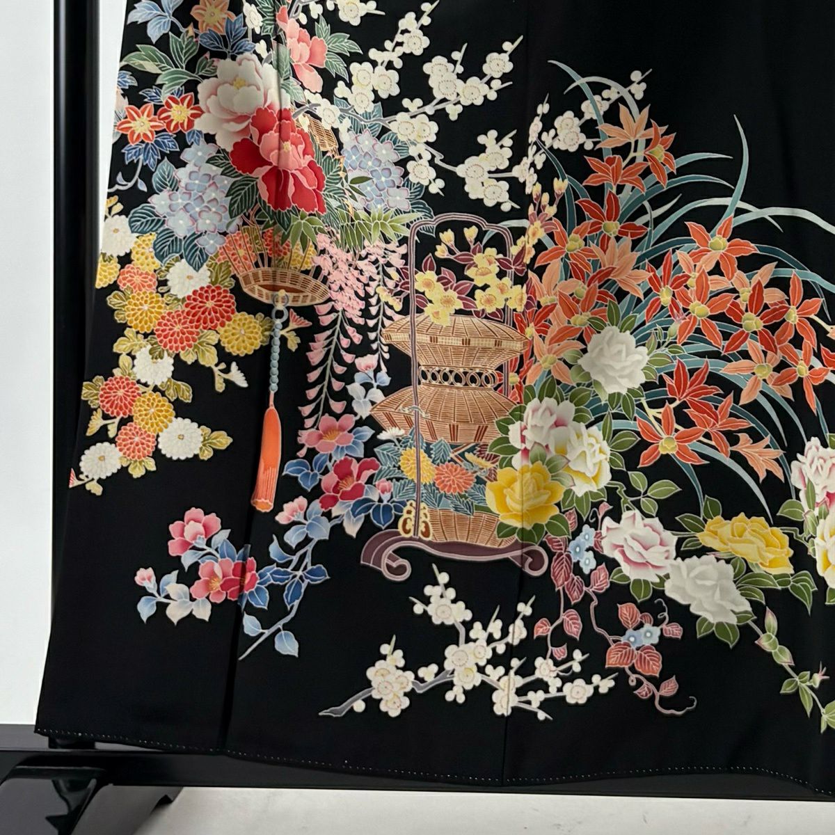 黑留袖禮服 身長159cm 袖長62cm S 雙層 落款 花籠 枝梅花 黑 純蠶絲 優品級