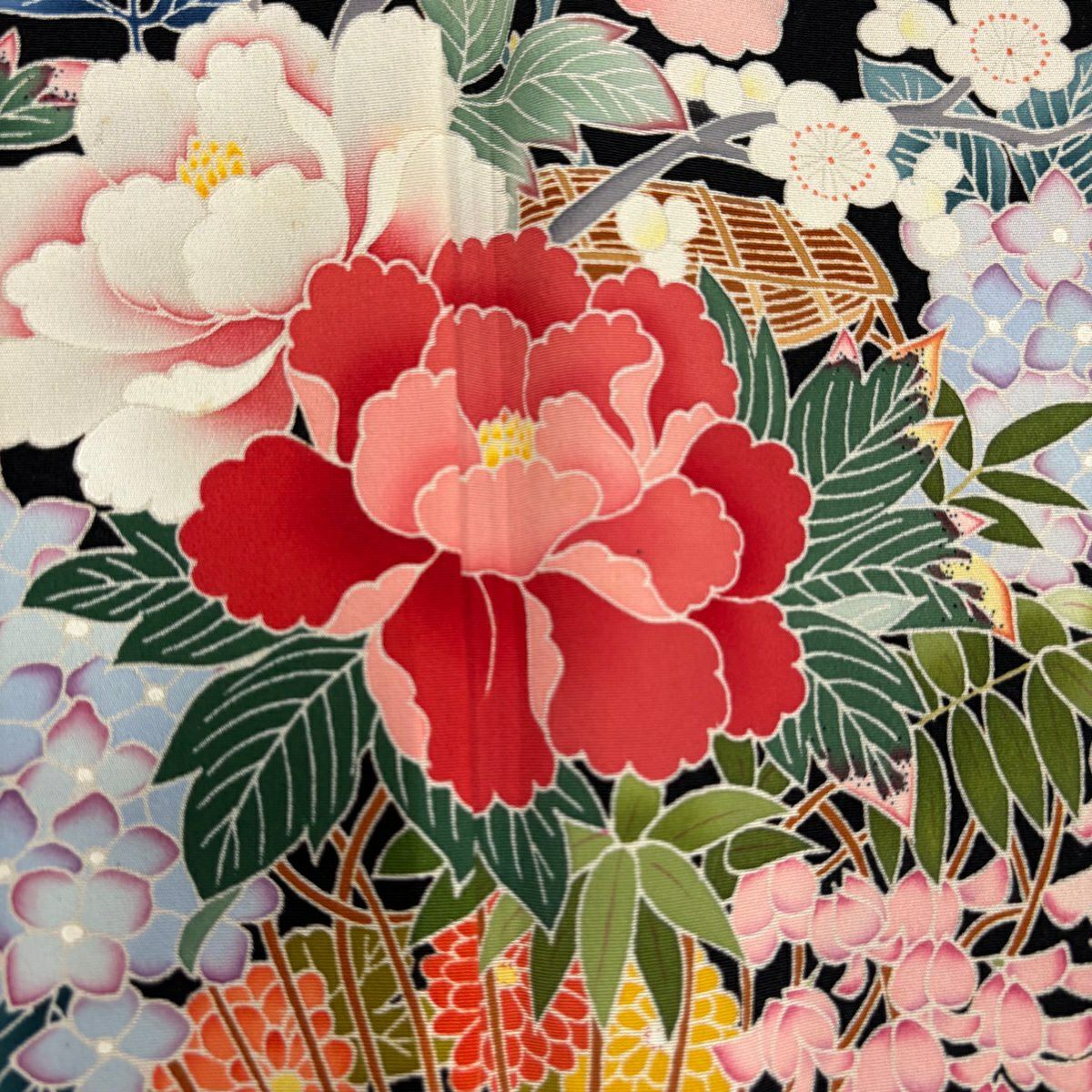 黑留袖禮服 身長159cm 袖長62cm S 雙層 落款 花籠 枝梅花 黑 純蠶絲 優品級