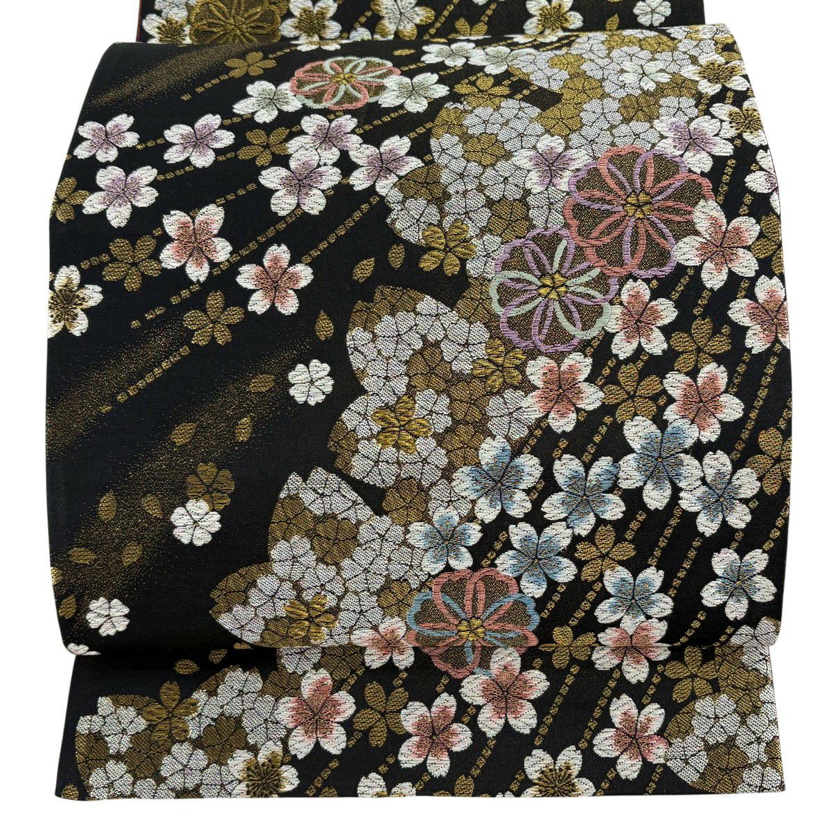 【美品】 袋帶 秀品級 振袖禮服禮服用 櫻花 金絲 金金箔 黑色 六通 純蠶絲