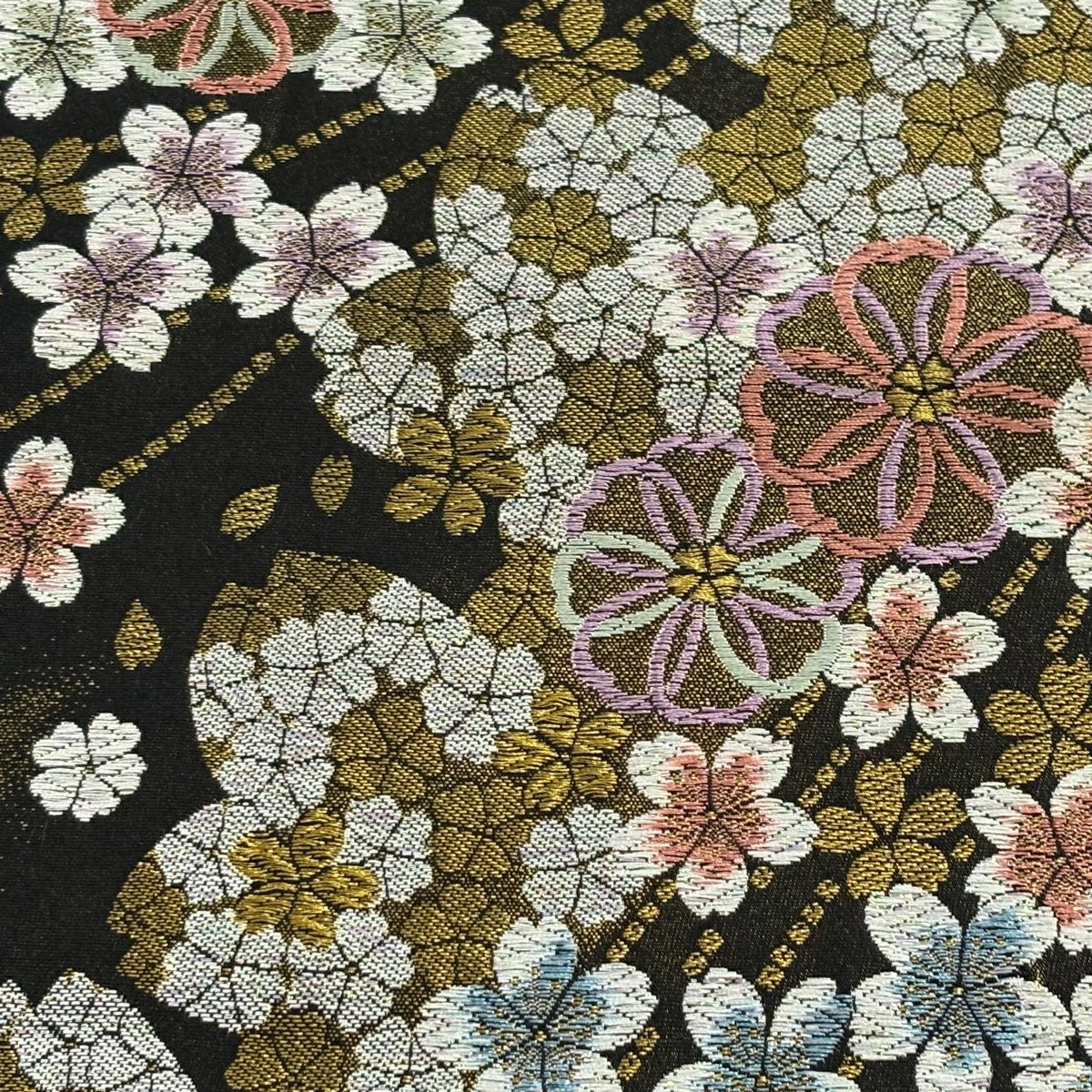【美品】 袋帶 秀品級 振袖禮服禮服用 櫻花 金絲 金金箔 黑色 六通 純蠶絲