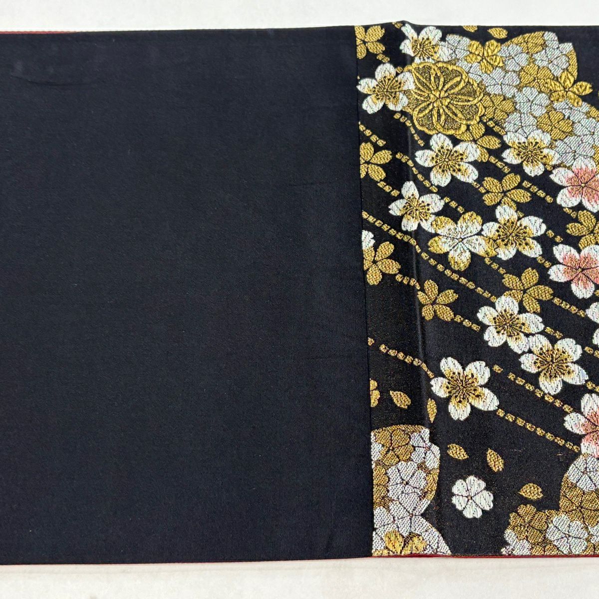 【美品】 袋帶 秀品級 振袖禮服禮服用 櫻花 金絲 金金箔 黑色 六通 純蠶絲