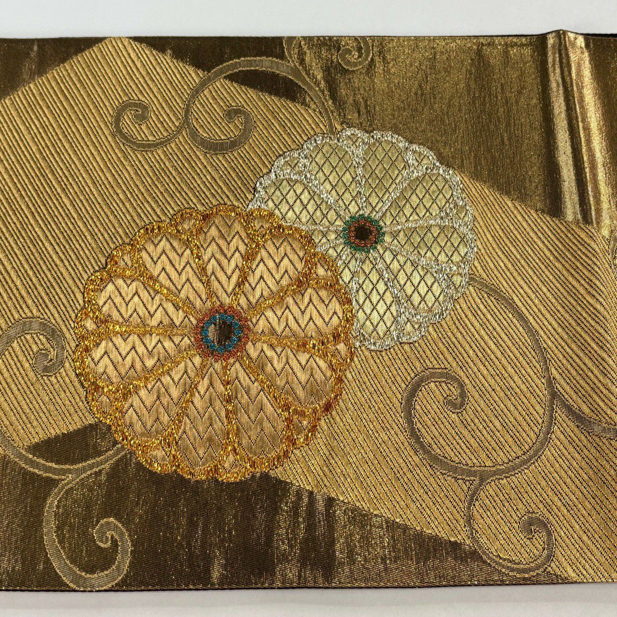 袋帶 秀品級 本金金箔螺鈿 菊花唐草紋 金絲 金箔 金色 六通 純蠶絲