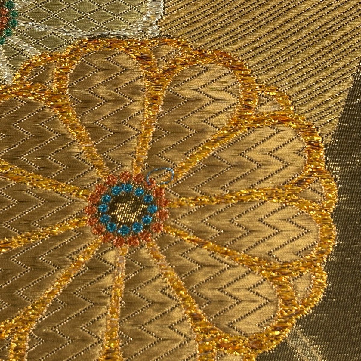 袋帶 秀品級 本金金箔螺鈿 菊花唐草紋 金絲 金箔 金色 六通 純蠶絲