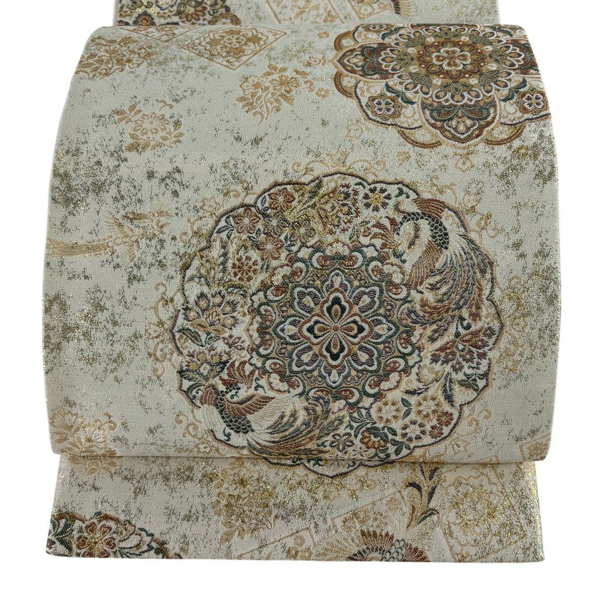 袋帶 秀品級 鏡裏華紋 鳳凰 金金箔 金絲 米色 六通 純蠶絲