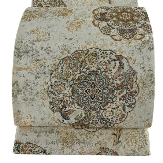 袋帶 秀品級 鏡裏華紋 鳳凰 金金箔 金絲 米色 六通 純蠶絲