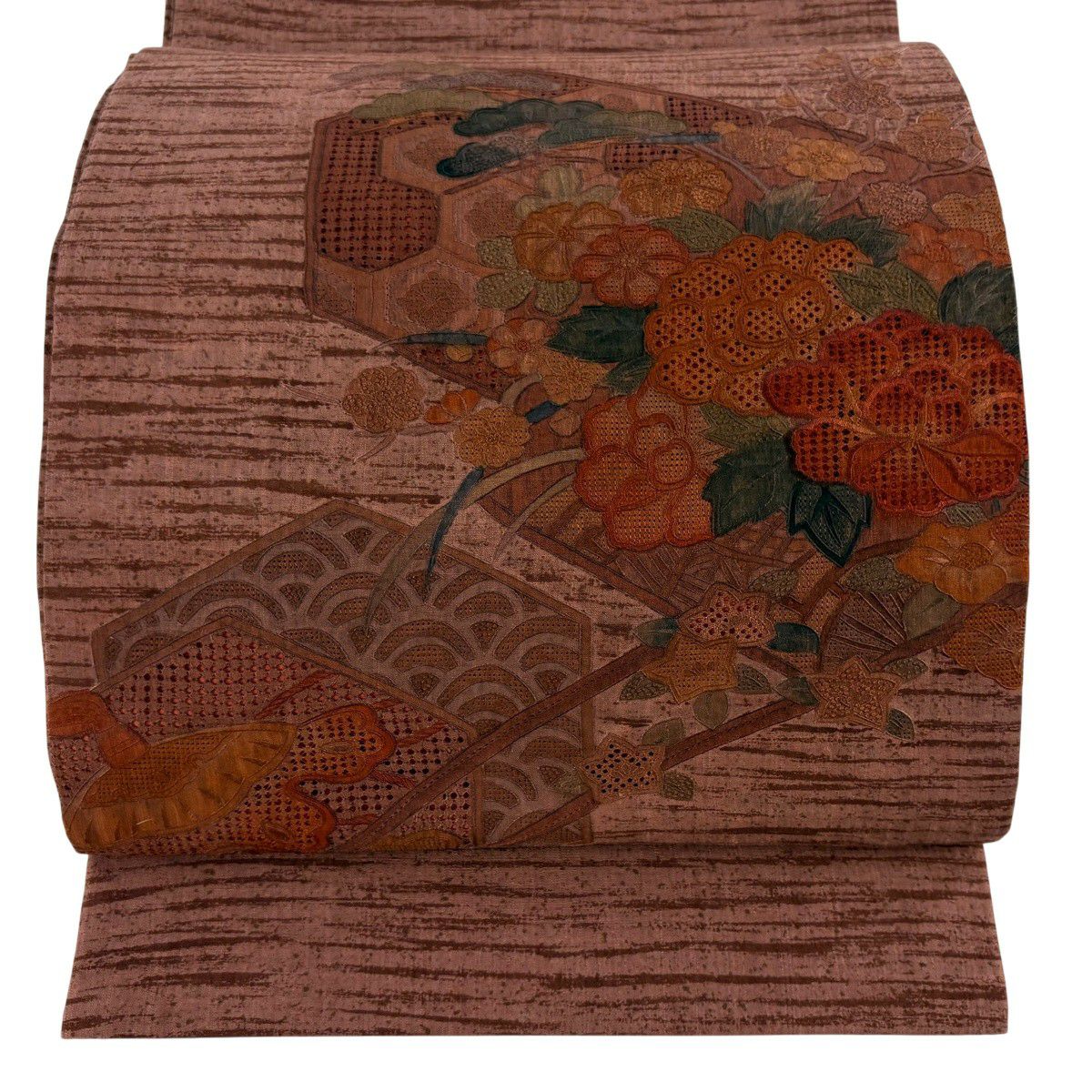 【美品】 袋帶 秀品級 紬織織 花車 牡丹 刺繡 小豆 深藍色 お太鼓圖案 純蠶絲