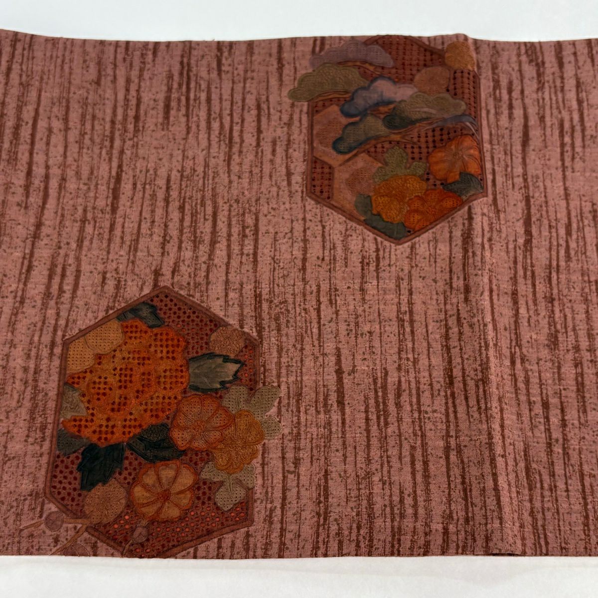 【美品】 袋帶 秀品級 紬織織 花車 牡丹 刺繡 小豆 深藍色 お太鼓圖案 純蠶絲