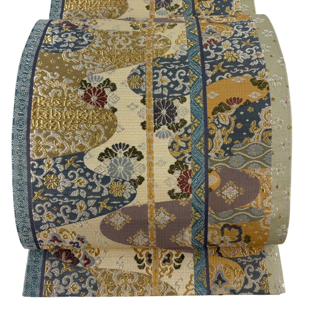 【美品】 袋帶 秀品級 華紋 霞 金絲 米色 六通 純蠶絲
