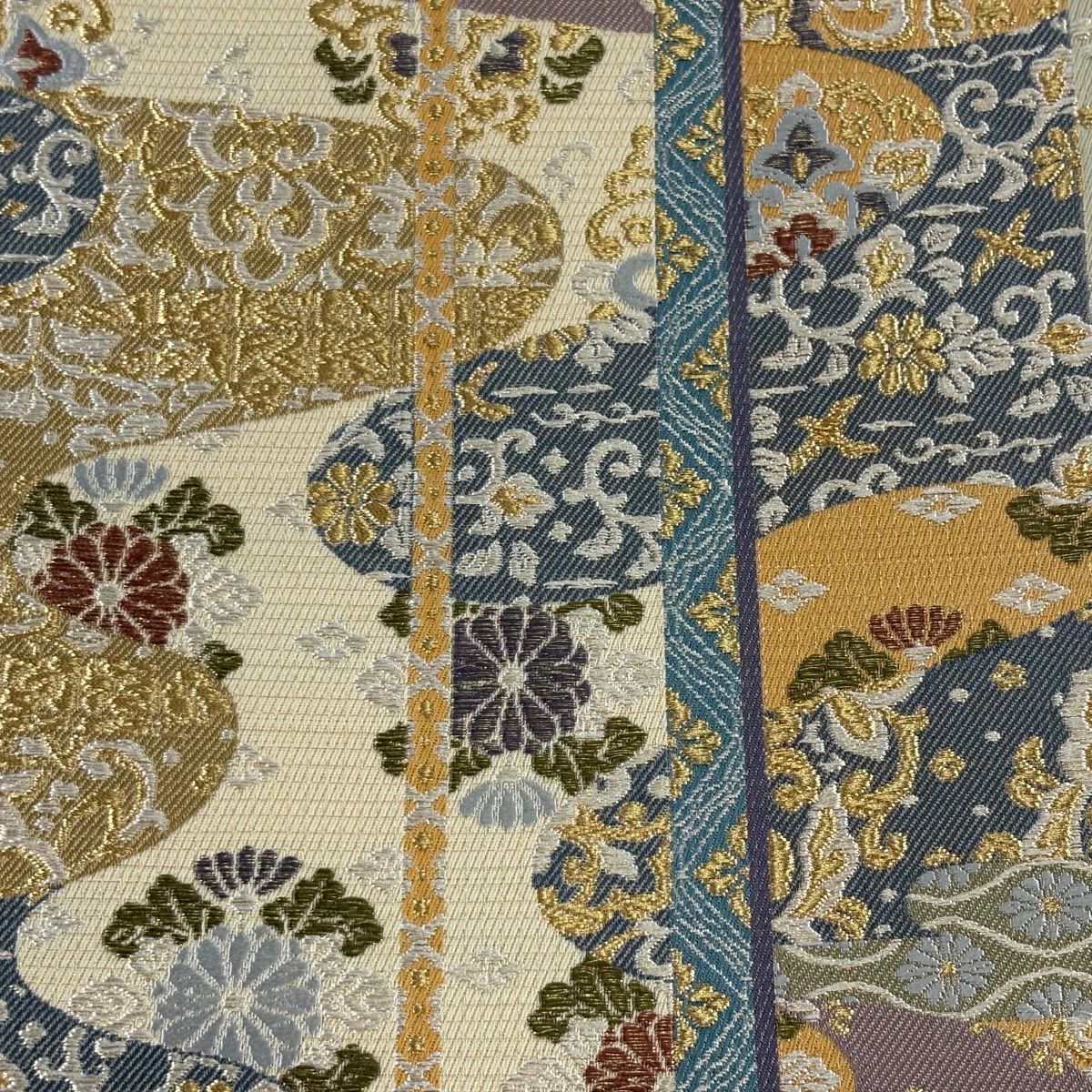 【美品】 袋帶 秀品級 華紋 霞 金絲 米色 六通 純蠶絲