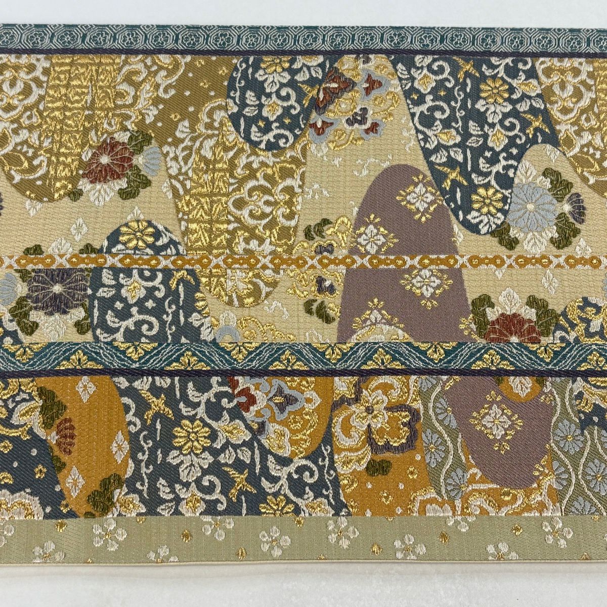 【美品】 袋帶 秀品級 華紋 霞 金絲 米色 六通 純蠶絲