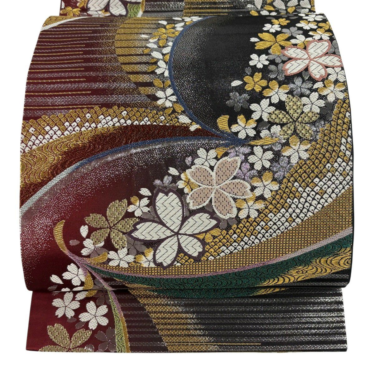 【美品】 袋帶 秀品級 櫻花 條紋 唐織 金金箔 深紅色 六通 純蠶絲