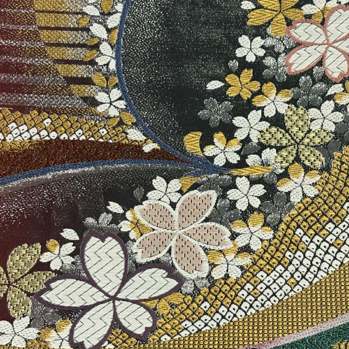 【美品】 袋帶 秀品級 櫻花 條紋 唐織 金金箔 深紅色 六通 純蠶絲