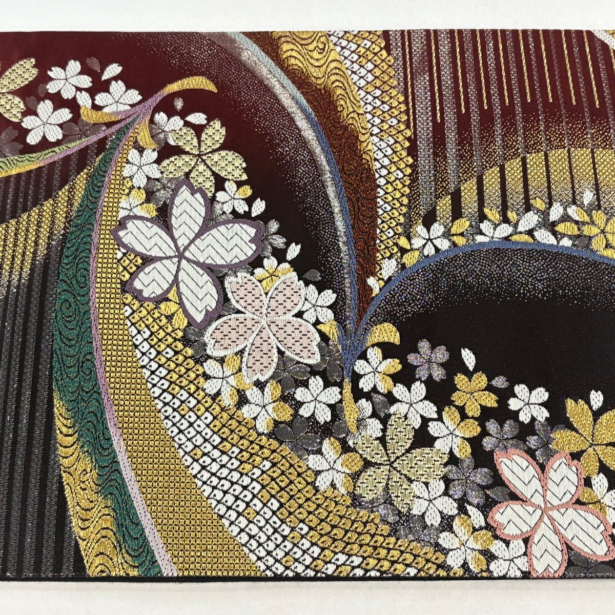 【美品】 袋帶 秀品級 櫻花 條紋 唐織 金金箔 深紅色 六通 純蠶絲