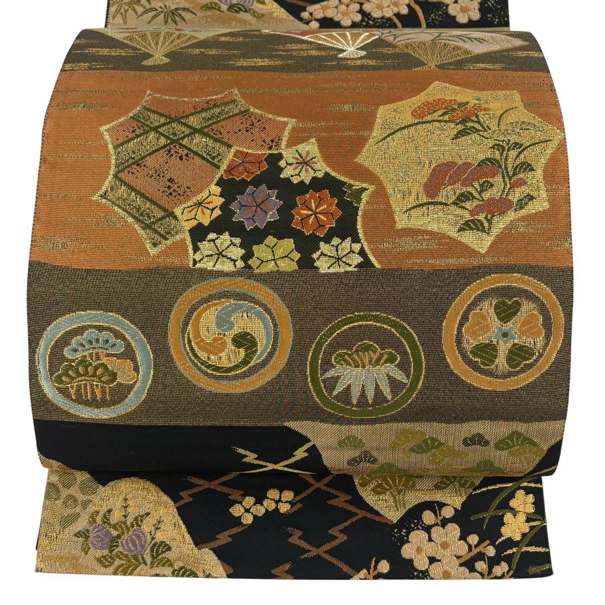【美品】 袋帶 秀品級 扇子子 桐 金銀糸 金金箔 茶綠 六通 純蠶絲