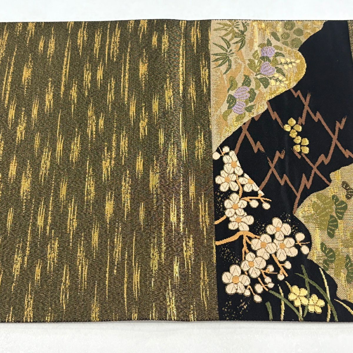 【美品】 袋帶 秀品級 扇子子 桐 金銀糸 金金箔 茶綠 六通 純蠶絲
