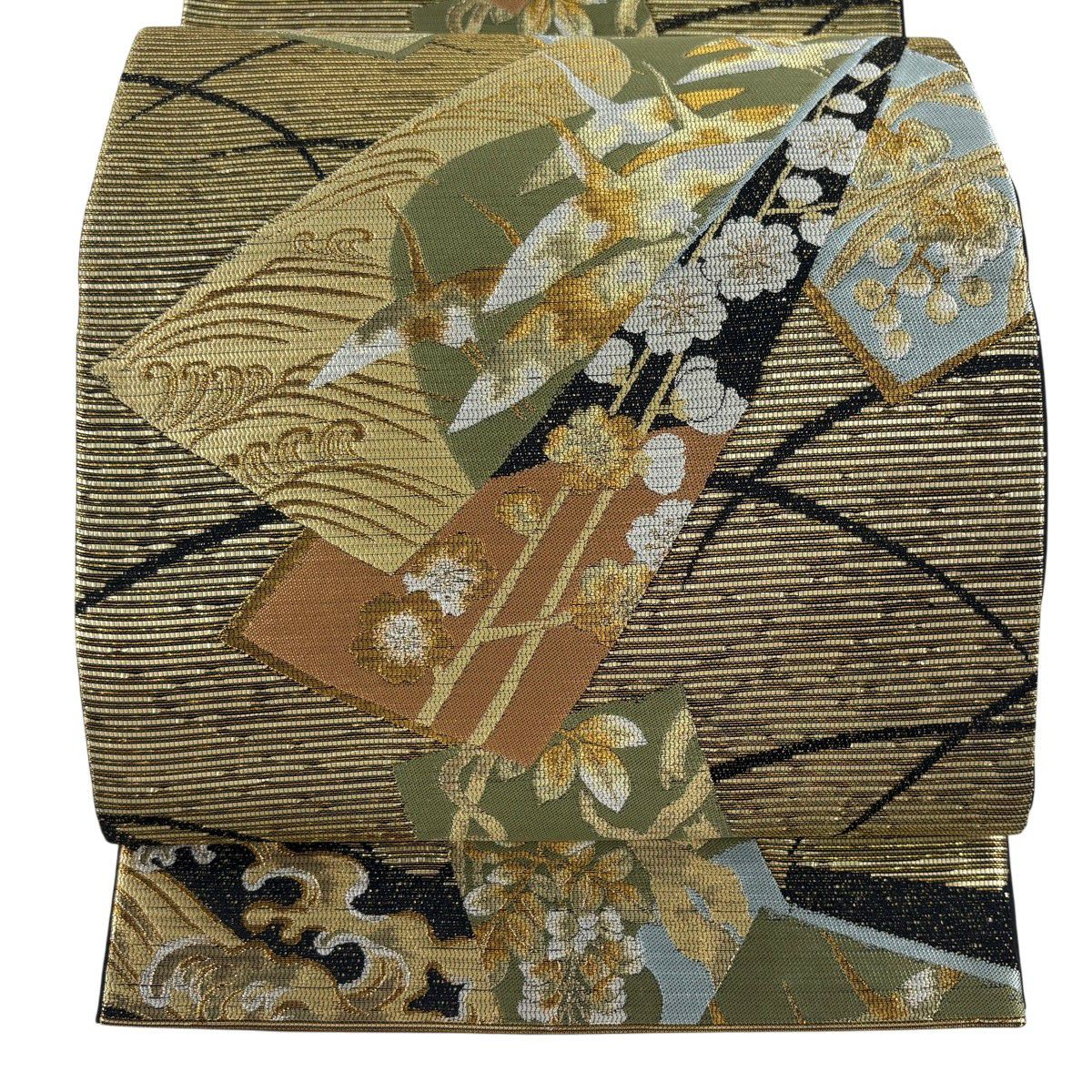 【美品】 袋帶 秀品級 琳派弥栄紋 仙鶴 波 金絲 金金箔 金色 六通 純蠶絲