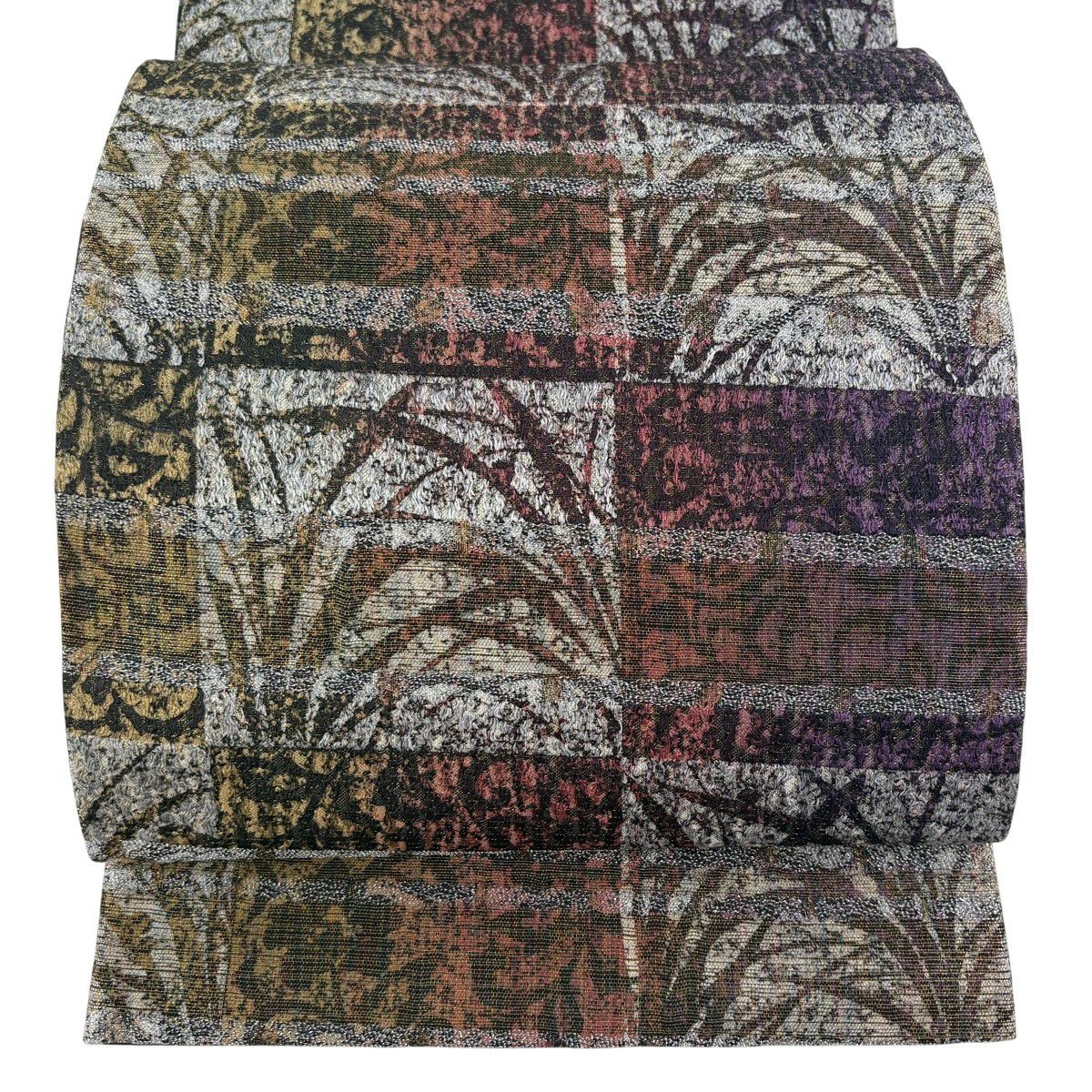 【美品】 袋帶 秀品級 葉紋 縞紋 金絲 金金箔 茶紫 全通 純蠶絲