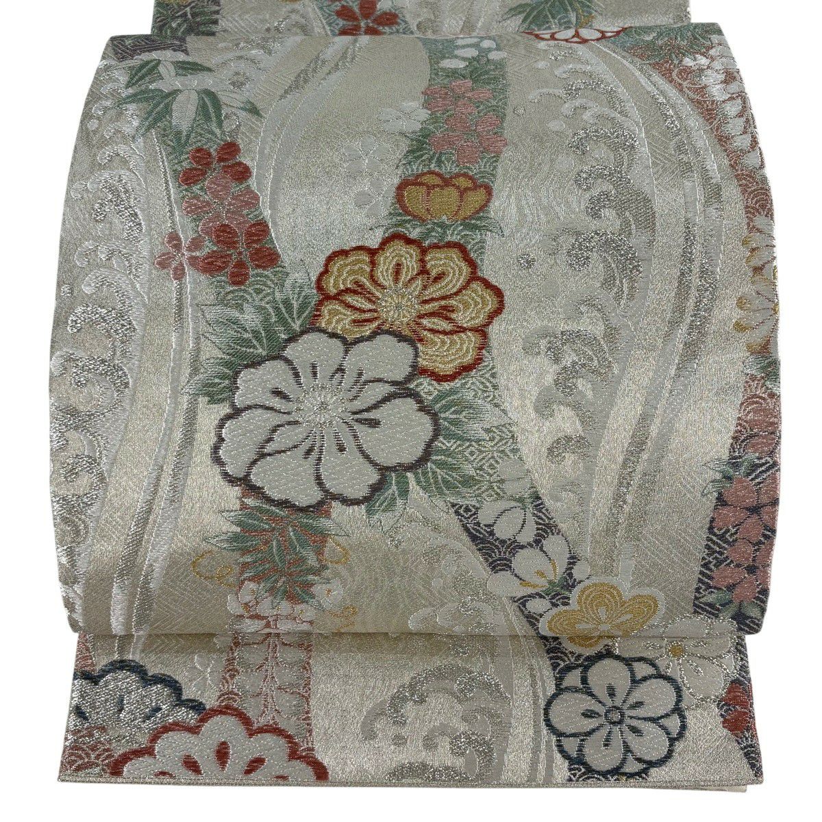 【美品】 袋帶 秀品級 草花紋紋 波頭 金銀彩 金金箔 灰白 六通 純蠶絲