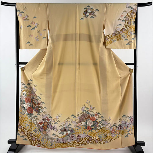 訪問服 身長163.5cm 袖長65.5cm M 雙層 檜扇子 牡丹 漸層 薄橙 純蠶絲 優品級