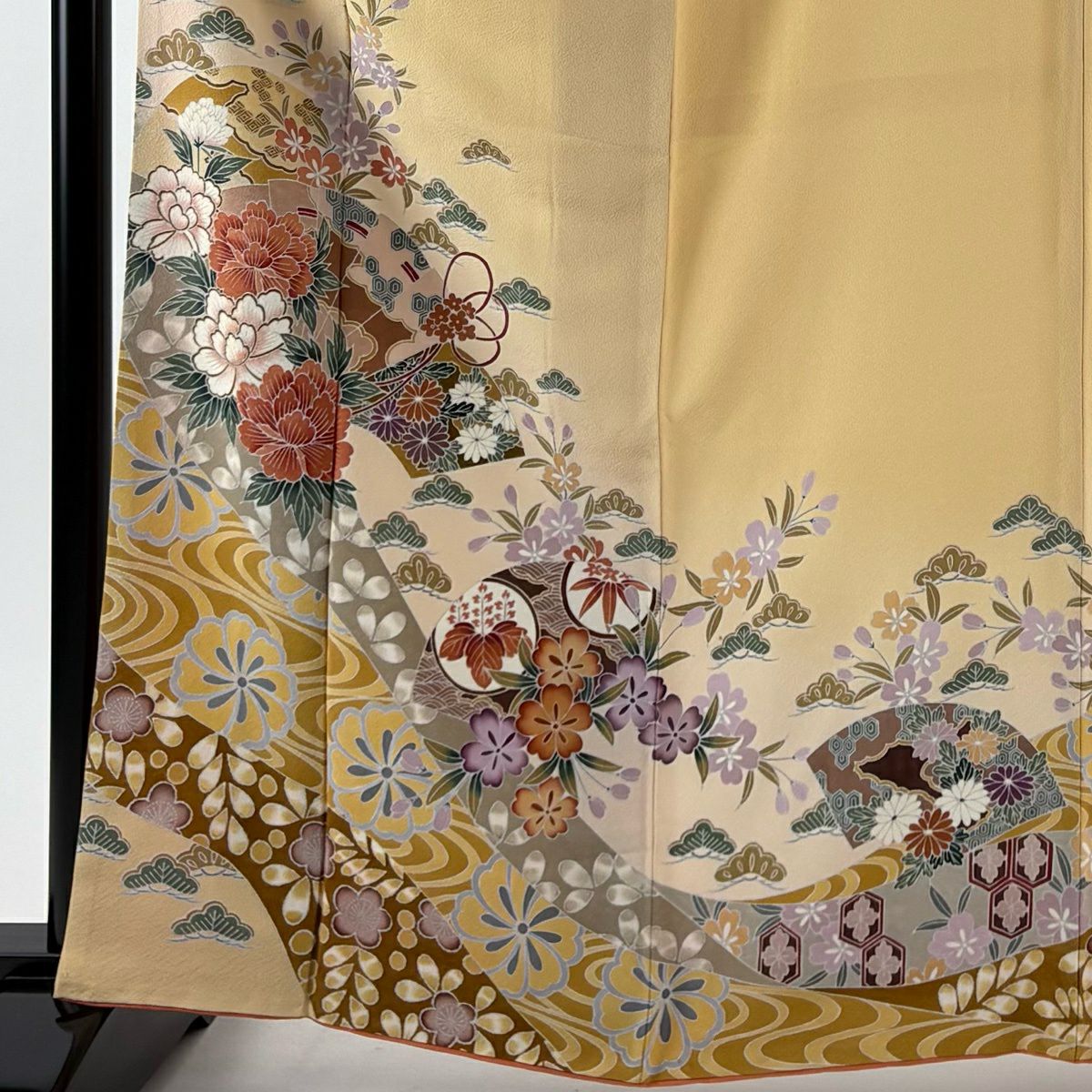 訪問服 身長163.5cm 袖長65.5cm M 雙層 檜扇子 牡丹 漸層 薄橙 純蠶絲 優品級