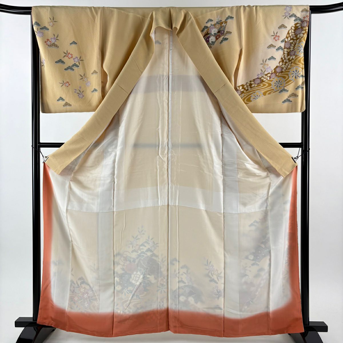 訪問服 身長163.5cm 袖長65.5cm M 雙層 檜扇子 牡丹 漸層 薄橙 純蠶絲 優品級