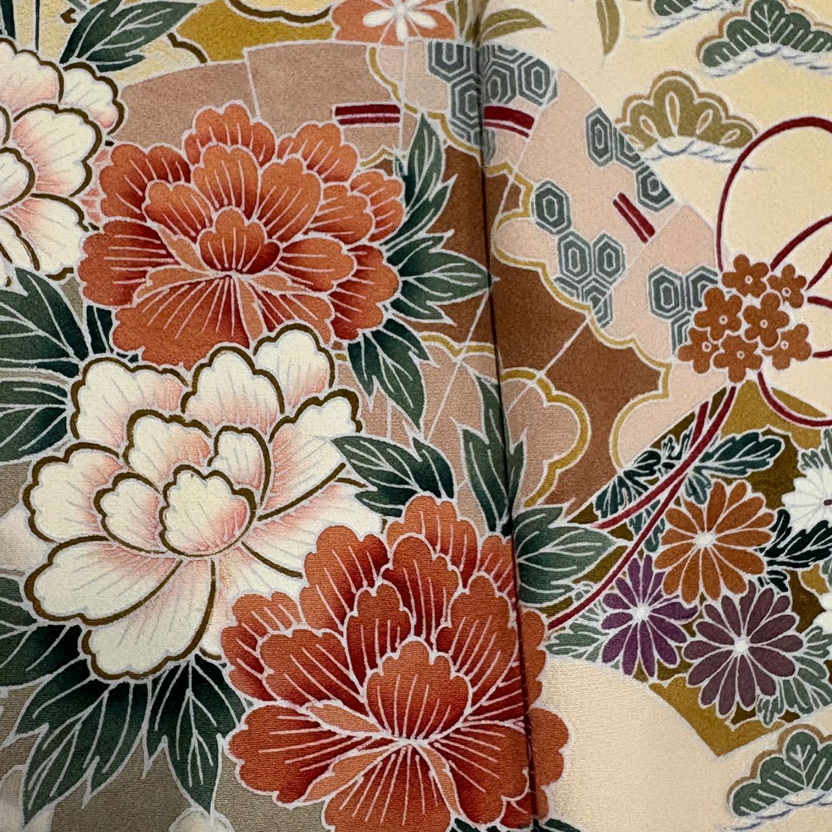 訪問服 身長163.5cm 袖長65.5cm M 雙層 檜扇子 牡丹 漸層 薄橙 純蠶絲 優品級