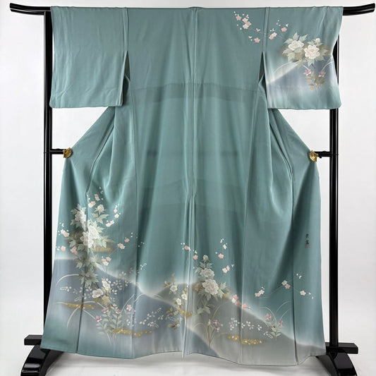 訪問服 身長162.5cm 袖長65.5cm M 雙層 落款有 枝花 七寶紋 染分 薄青綠 純蠶絲 秀品級 一つ紋