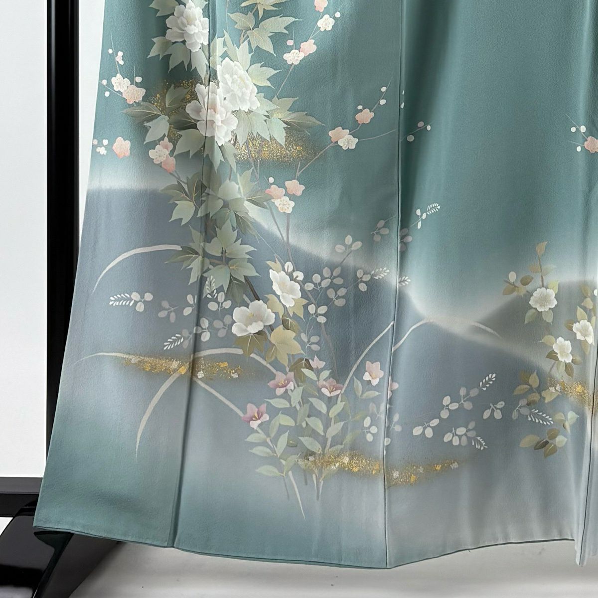 訪問服 身長162.5cm 袖長65.5cm M 雙層 落款有 枝花 七寶紋 染分 薄青綠 純蠶絲 秀品級 一つ紋