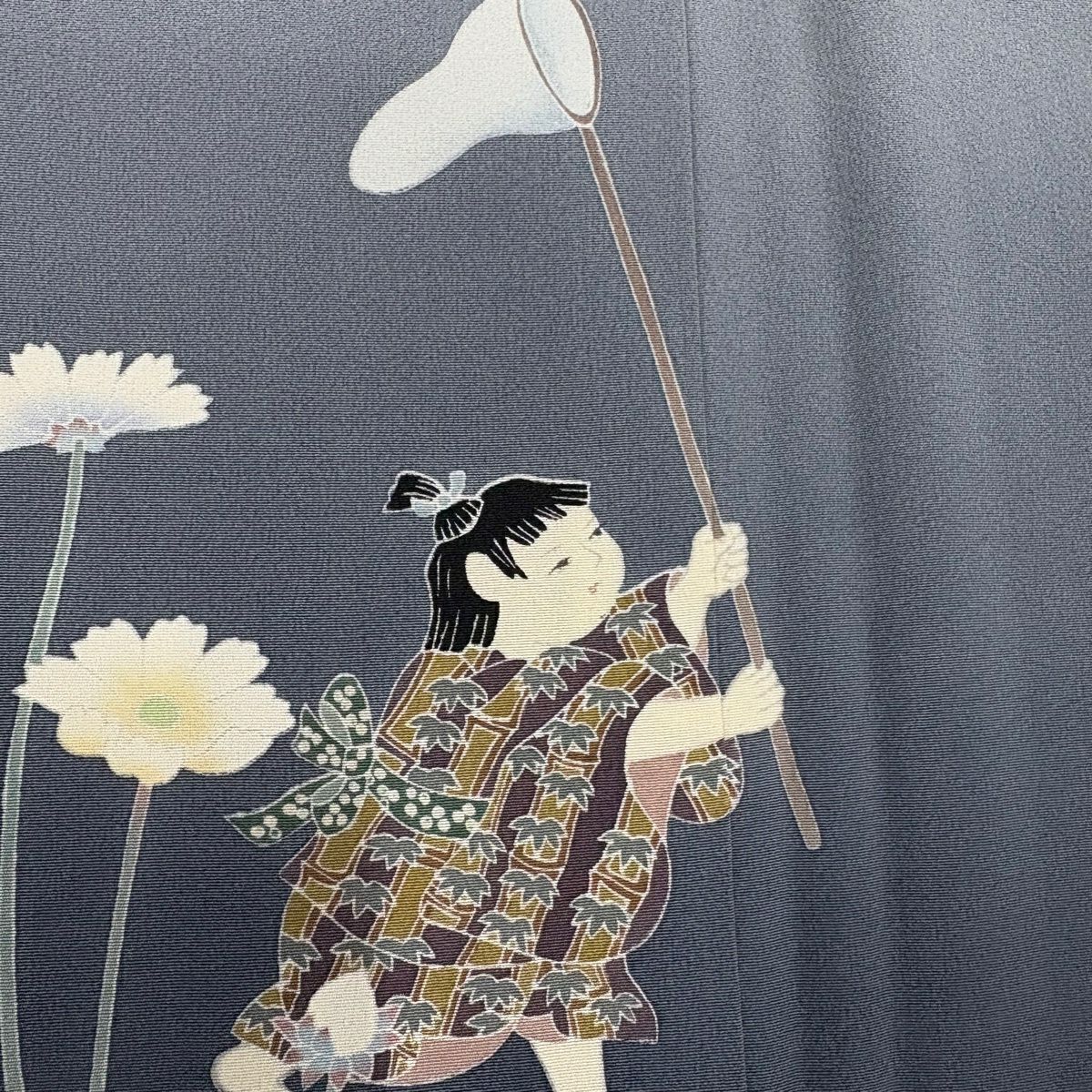 訪問服 身長161cm 袖長66.5cm M 雙層 藤舟 落款あり 童 草花紋 染分 ぼかし 灰色 純蠶絲 秀品級