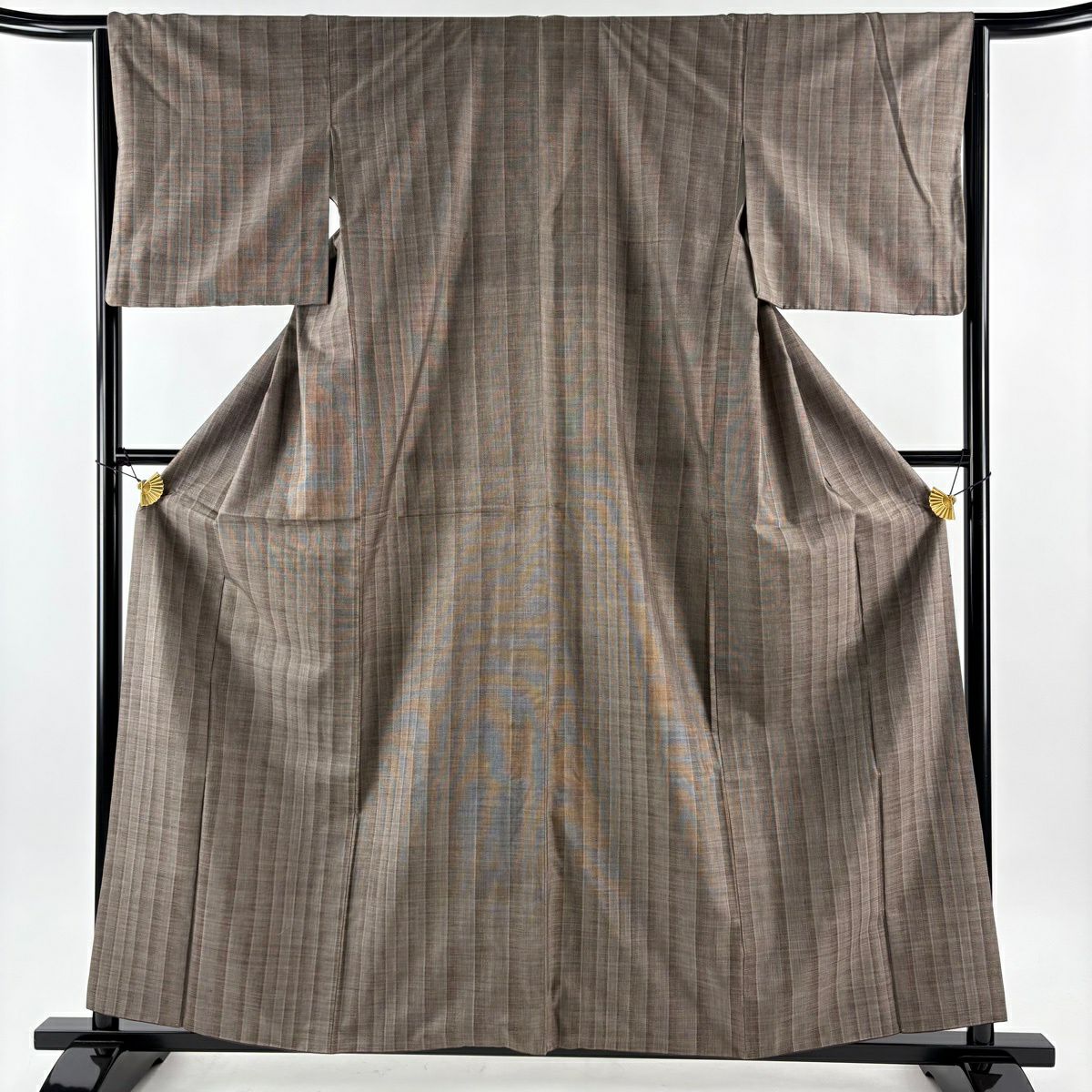 【美品】 紬織 身長159cm 袖長64cm M 雙層 鈴乃屋 垂直條紋 焦茶 純蠶絲 優品級