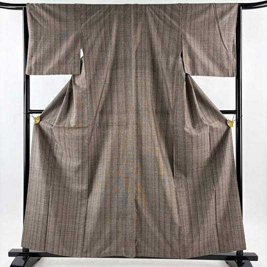 【美品】 紬織 身長159cm 袖長64cm M 雙層 鈴乃屋 垂直條紋 焦茶 純蠶絲 優品級