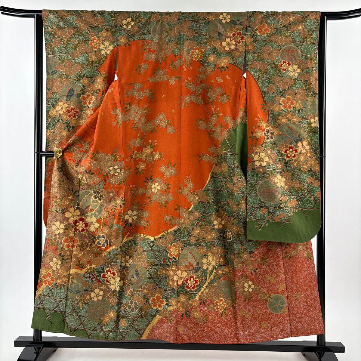 【美品】振袖禮服 身長154.5cm 袖長63cm S 雙層 櫻花 蝴蝶 金絲 金銀彩 紅茶 純蠶絲 秀品級