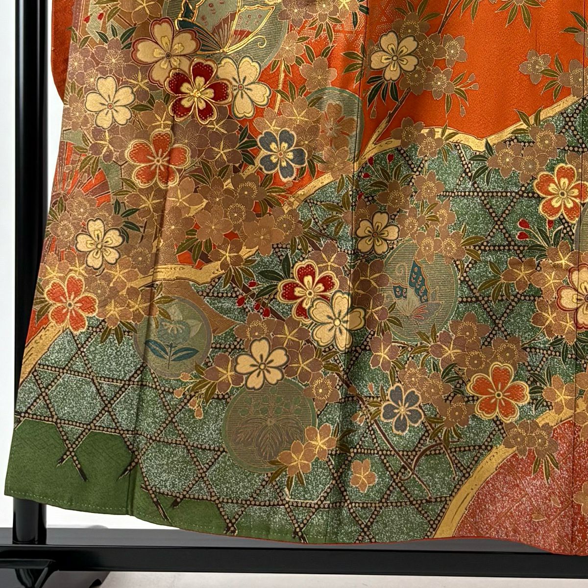 【美品】振袖禮服 身長154.5cm 袖長63cm S 雙層 櫻花 蝴蝶 金絲 金銀彩 紅茶 純蠶絲 秀品級