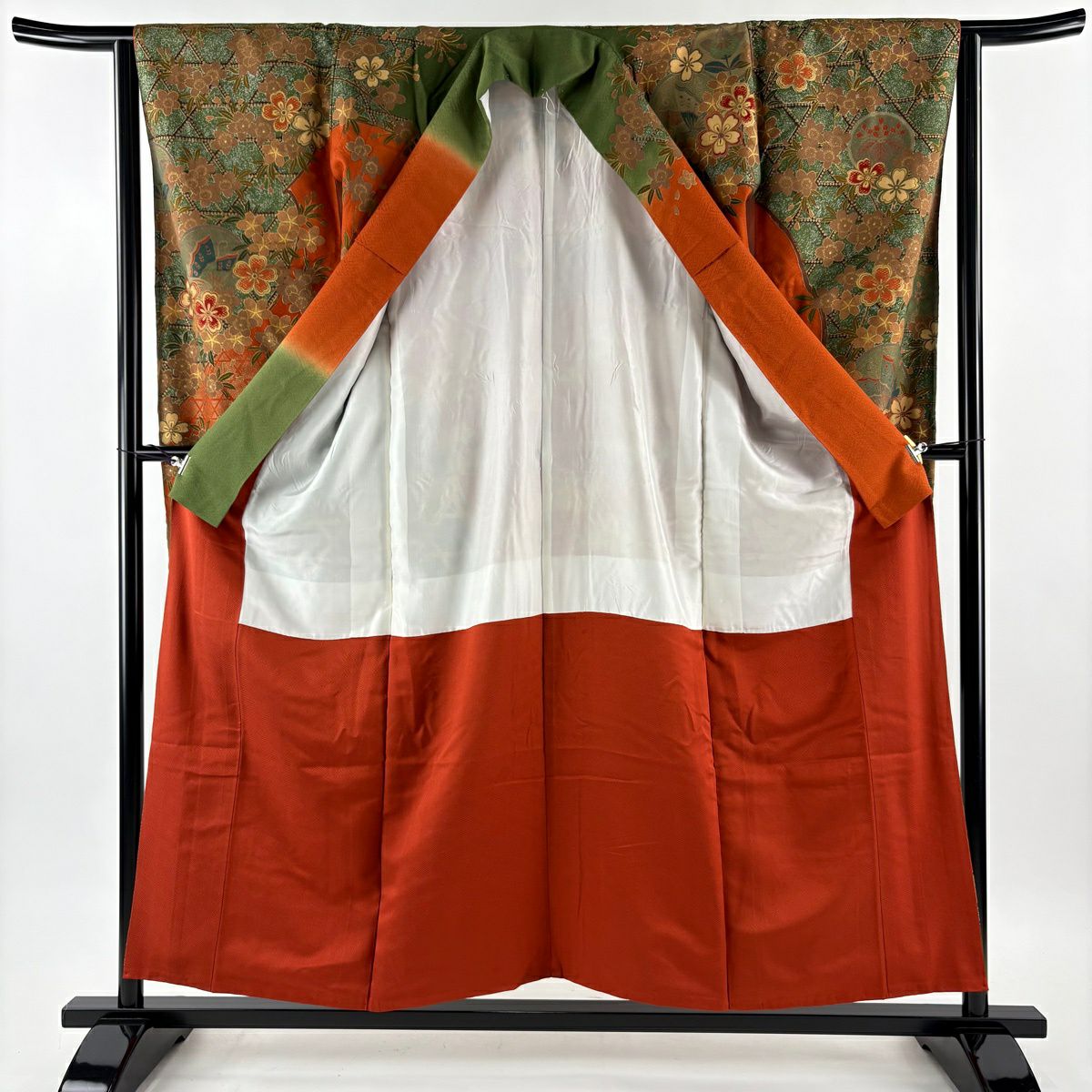 【美品】振袖禮服 身長154.5cm 袖長63cm S 雙層 櫻花 蝴蝶 金絲 金銀彩 紅茶 純蠶絲 秀品級