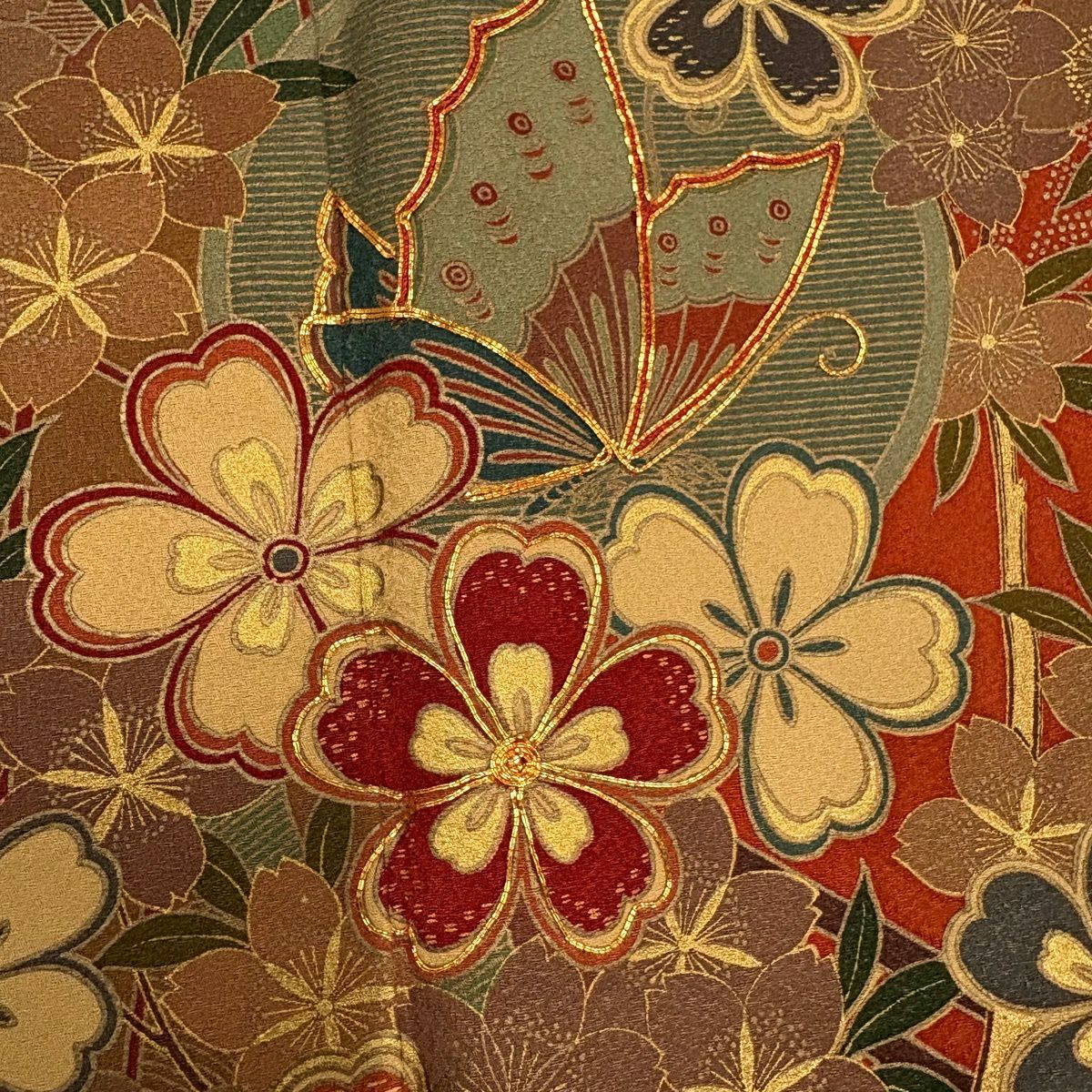 【美品】振袖禮服 身長154.5cm 袖長63cm S 雙層 櫻花 蝴蝶 金絲 金銀彩 紅茶 純蠶絲 秀品級