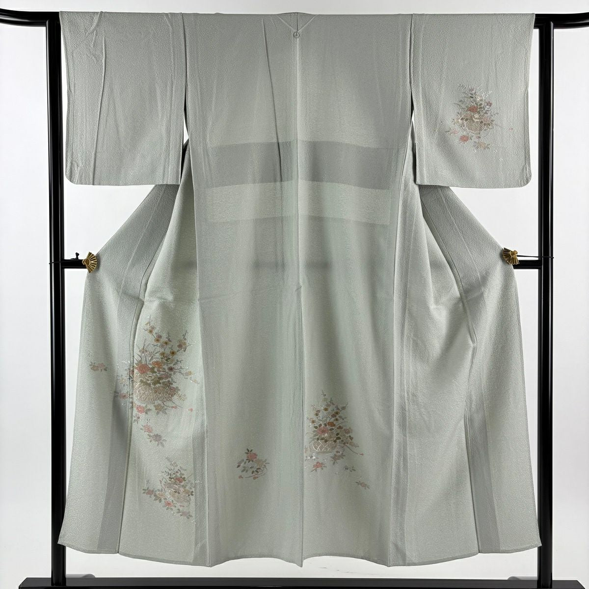 付下 身長150cm 袖長61.5cm S 單層 花籠 刺繡 金線 灰綠 純蠶絲 秀品級 一個紋